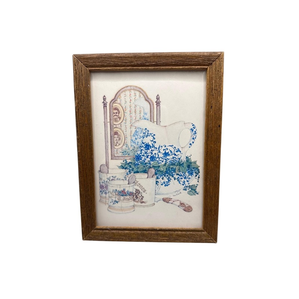 Kim Black Framed Art Print Cottagecore Still Life Blue White Pitcher VTG 6 "x 8"
